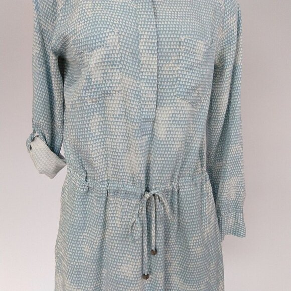 Lou & Grey Blue Geometric Print Drawstring Waist Dress Size S Roll Tab Sleeves - Picture 3 of 10